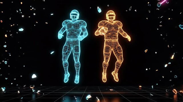 Futuristic Wireframe Football Collision Shockwave - Two futuristic wireframe football players, one glowing blue and one orange, stand poised within a bright circular shockwave.