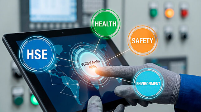 HSE technology concept, with icons of health, safety and environment on a digital interface.