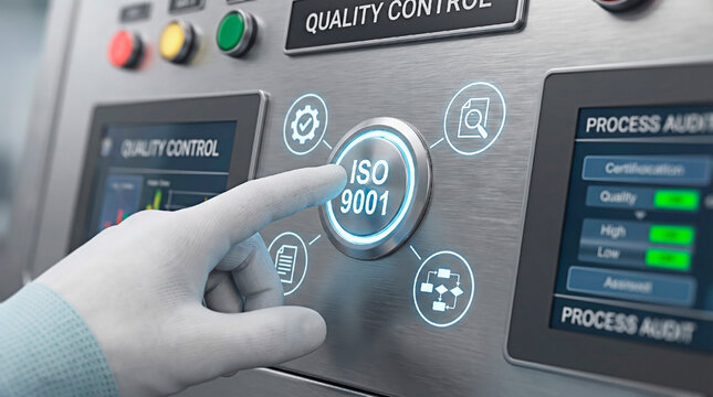 ISO 9001 quality control button pressed by a gloved hand in a laboratory or factory setting, representing standards and certification.