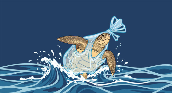 Environmental concept showing a sea turtle struggling inside a plastic bag in the ocean waves to highlight plastic pollution.