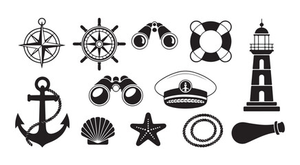 Marine and nautical collection with lighthouse anchor steering wheel compass and sailor hat elements. © Farik