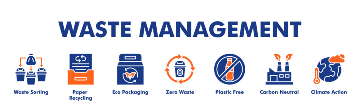 WASTE MANAGEMENT web banner icon vector illustration concept for business with icon of Waste Sorting, Paper Recycling, Eco Packaging, Zero Waste, Plastic Free, Carbon Neutral, Climate Action