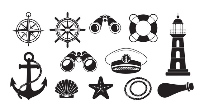 Marine and nautical collection with lighthouse anchor steering wheel compass and sailor hat elements.