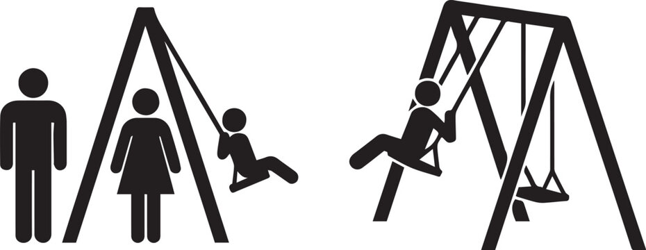 Playground Swing Set Silhouettes with Adults and Children in Minimal Vector ScenePlayground Swing Set Silhouettes with Adults and Children in Minimal Vector Scene