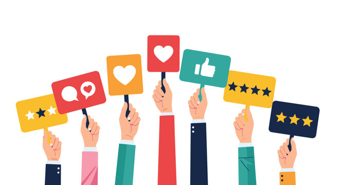 Group of hands holding up various social media reaction icons such as hearts, thumbs up, stars, and speech bubbles.
