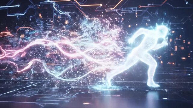 Futuristic Wireframe Runner with Neon Distortion Effect - A glowing, ethereal figure runs through a futuristic wireframe city at night, leaving a dynamic trail of pink and blue neon energy.