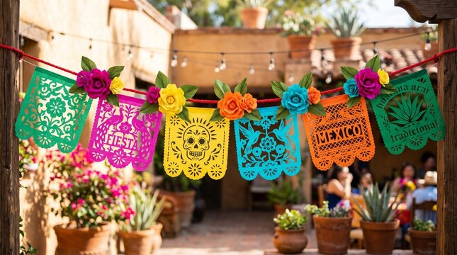 Colorful papel picado banner with flowers and skulls multi colored decoration colorful cultural