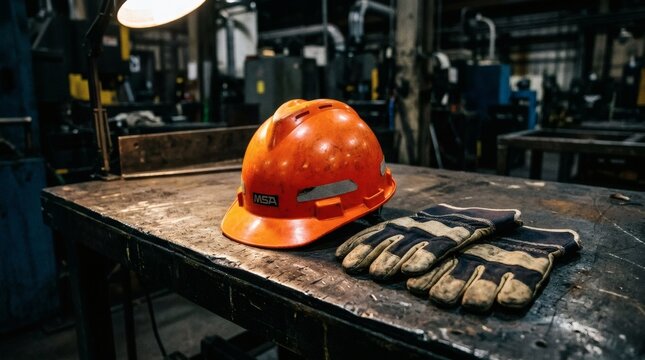 Safety helmet and gloves on wooden workbench in industrial workshop with tools perfect for National Safety Month