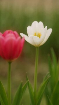 Two blooming tulips, one pink and one white, stand tall with soft green leaves in a gentle outdoor setting.