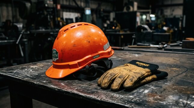 Safety helmet and work gloves on wooden workbench in industrial workshop perfect for National Safety Month