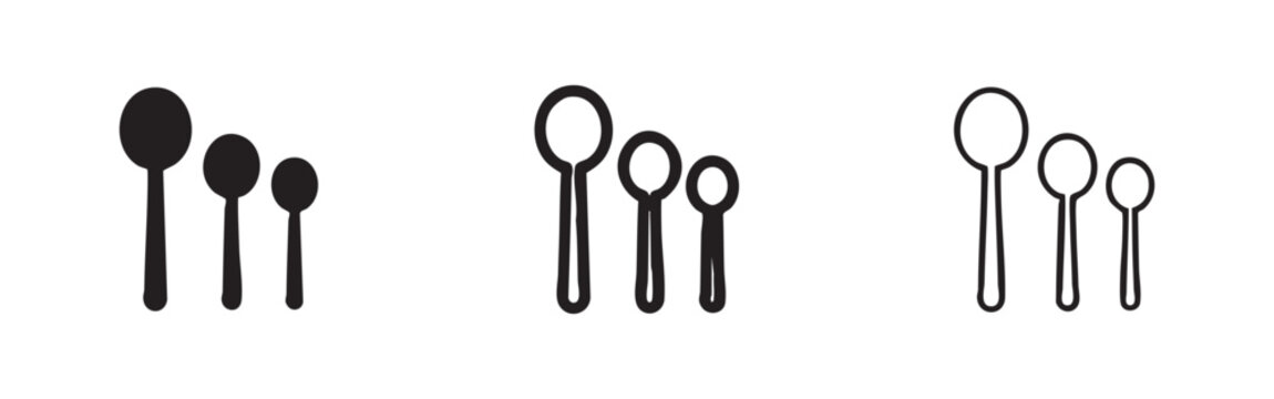 Set of three different sized spoons icons in silhouette and outline styles, kitchen utensil vector.