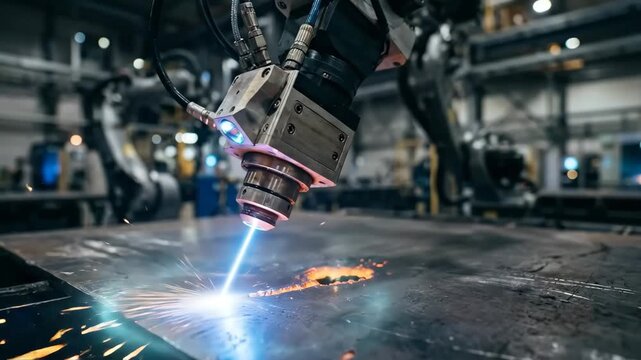 Industrial robotic arm laser cutting machine sparks flying on metal sheet with welding technology in modern factory automation production environment