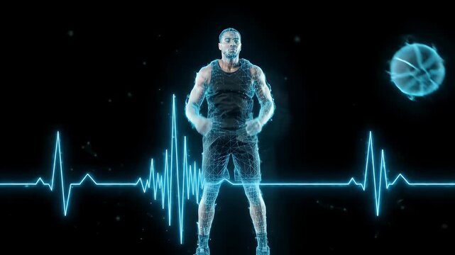 Digital Wireframe Athlete on Sports Court - A vibrant glowing blue wireframe renders a powerful male athlete in a tank top and shorts, standing confidently on a sports court.