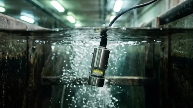 Underwater digital sensor device submerged water with bubbles rising showing advanced metal technology and digital literacy aquatic industrial