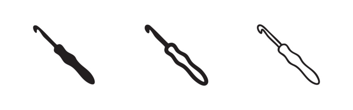 Crochet hook tool icon set, yarn craft concept, hand drawn doodle sketch vector