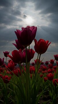 Vivid red tulips bloom in a dramatic field under a moody, cloudy sky with rays of sunlight.