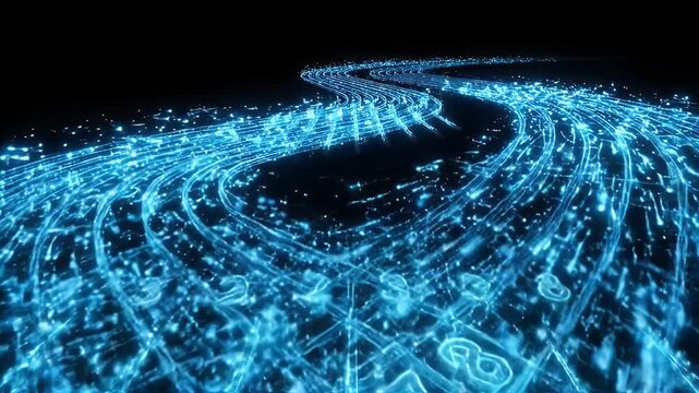 Digital Data Stream Visualization - This video showcases a luminous, flowing digital stream composed of bright blue particles and numeric elements.