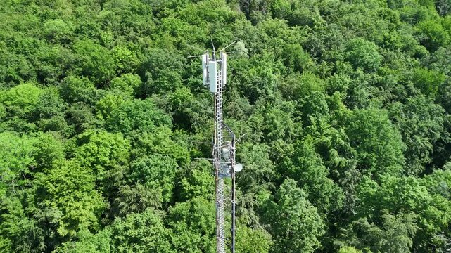 Cellular Communication Tower Above Dense Green Forest Landscape