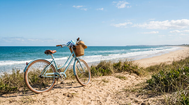 Vintage bicycle parked on sandy beach with ocean view  