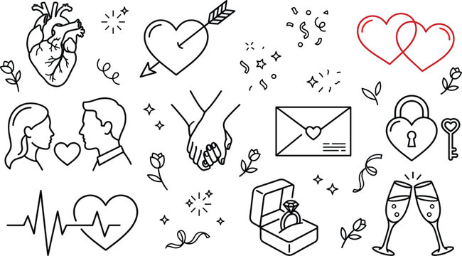 Valentines Day love line icon set with couple engagement ring heart lock key letter arrow heartbeat champagne vector