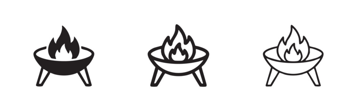 Barbecue grill or fire pit with flames icons set. Outdoor cooking, picnic, or camping symbol. Vector illustration.