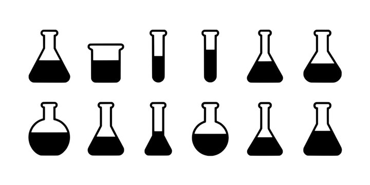 Flask chemical lab glassware icons set with different shapes and silhouettes for education and science presentations