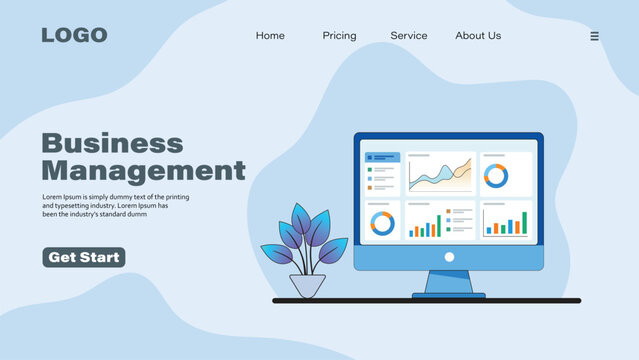 Business management landing page template with data analytics dashboard