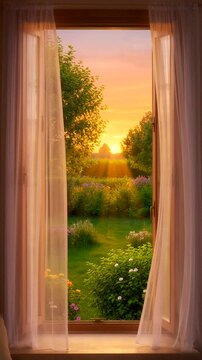 Peaceful garden at sunset seen through an open window with soft curtains and blooming flowers.