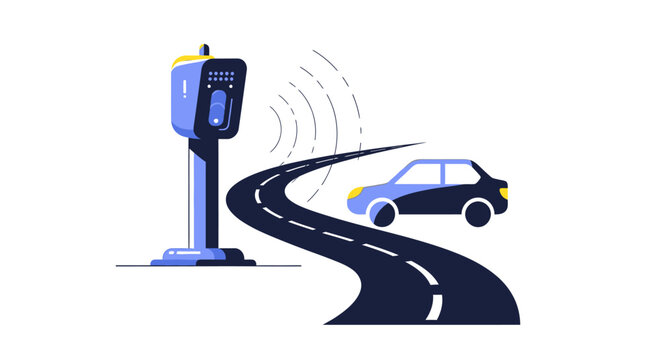 Smart Traffic Monitoring System with Speed Camera and Car on Road Vector Illustration