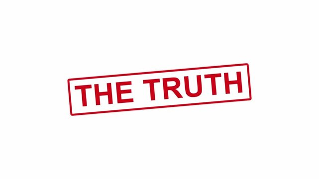 Red rectangular truth stamp animated on a clean white background. Bold uppercase letters within a red-bordered rectangle, symbolizing honesty and factual information.