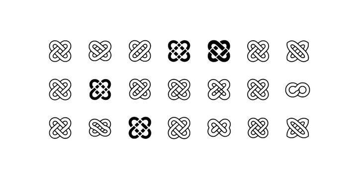 Knot braid pattern icons in monochrome line art, decorative celtic weave symbols for logos and ornaments