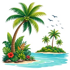 Obraz premium Tropical island with palm trees, exotic flowers and turquoise sea illustration