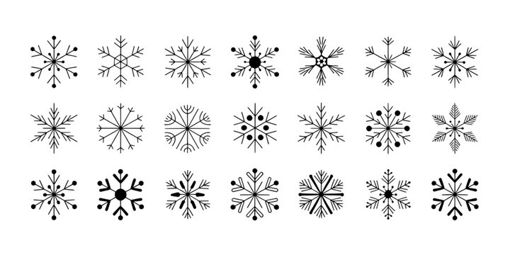 Snowflake doodle set with hand-drawn style icons, delicate linework and seasonal winter patterns for holiday design
