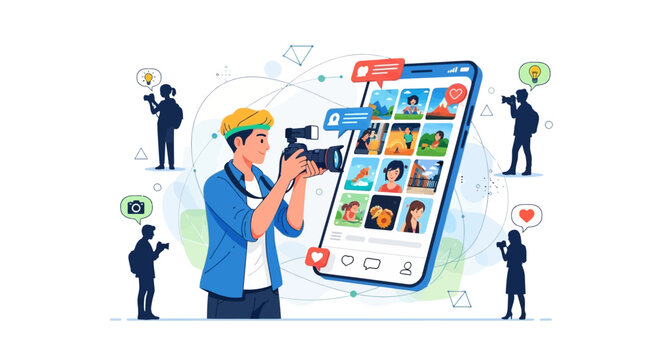 Man taking photo with camera and smartphone social media isolated on white background vector