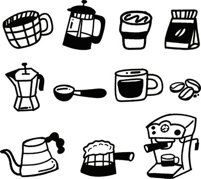 Trendy coffee shop illustration assets featuring cute caf&eacute; elements, coffee beverages, bakery items, and cozy lifestyle decorations