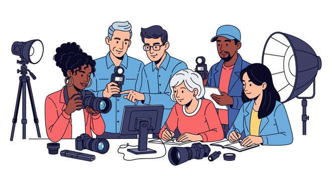 Diverse group of people working together with photography equipment on white background