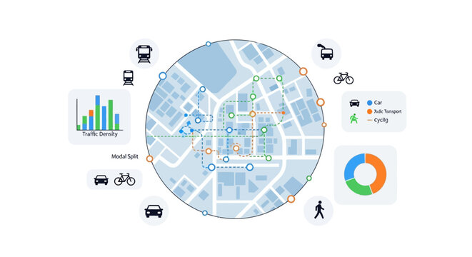 Smart City Urban Mobility Infographic with Traffic Data and Transportation Network Planning
