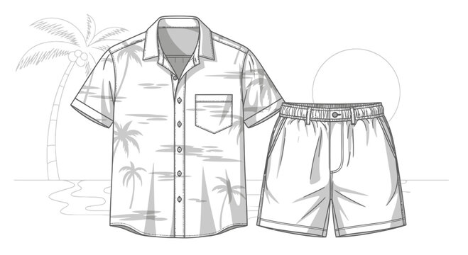 Illustration of a short-sleeved shirt with palm tree print and matching shorts on a tropical beach