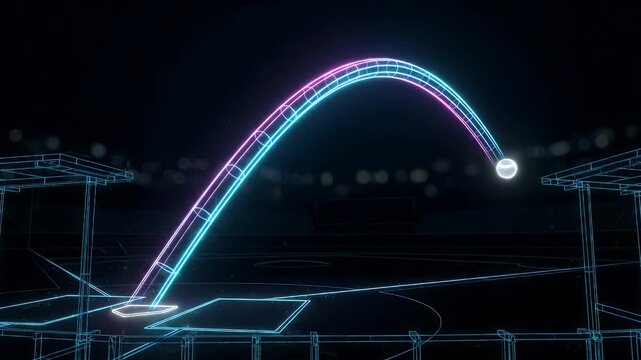 Neon Sports Arena Wireframe Animation - A stylized neon wireframe depicts a glowing ball arcing over a sports field, against a backdrop of blurred stadium lights.