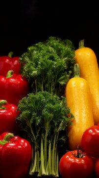 Assorted fresh vegetables including red peppers, kale, yellow squash, and tomatoes with water droplets.