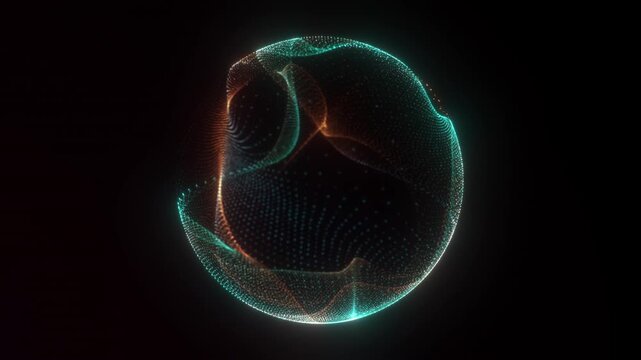 Abstract moving turquoise green orange glowing plasma energy sphere, particles and waves, dark background. Magic shiny orb, flowing surface. 3D sphere, liquid transparent waves, dots. 4K 60 fps video.