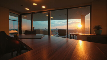 Fototapeta premium Executive Conference Room with Wooden Desk and Sunset City View