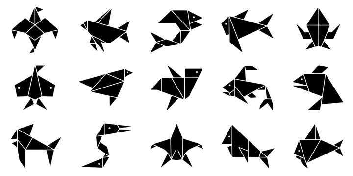 Origami animals set with black geometric designs and sharp angles featuring paper, folding, art with design and bird elements for fish, frog
