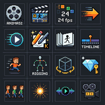 Pixel Art Animation and Video Production Icon Set