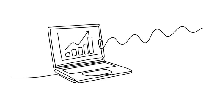 Continuous single line drawing of a laptop computer showing a growing business bar chart graph for financial growth and digital marketing analysis concept Vector, illustration