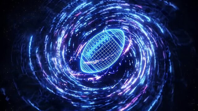 Neon Football in a Cosmic Whirlpool - This video features a glowing neon blue football surrounded by a spiraling cosmic whirlpool of light.