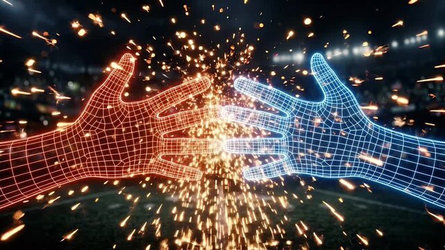 Dynamic Energy Interaction Between Two Hands - This visually striking video showcases two stylized, wireframe hands in a dramatic clash of energy.