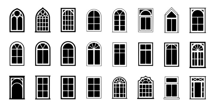 Windows icon set with thin black outlines, arched and square glass shapes for architecture and UI design