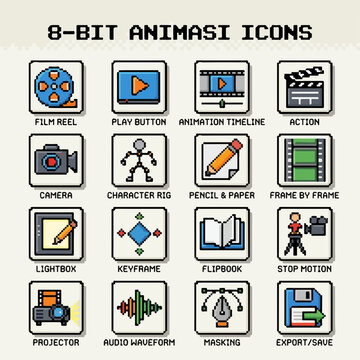 Retro 8-Bit Pixel Art Animation and Film Production Icons