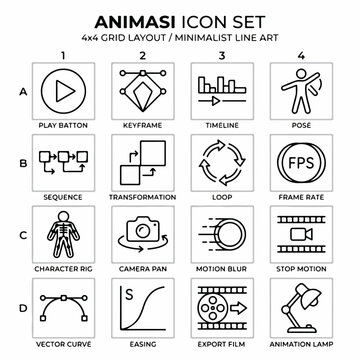 Set of 16 Minimalist Animation and Motion Graphics Line Icons